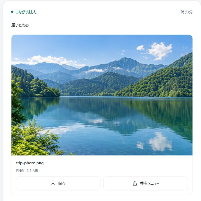 PCのコピペ便に送信した写真と保存ボタンが表示された画面